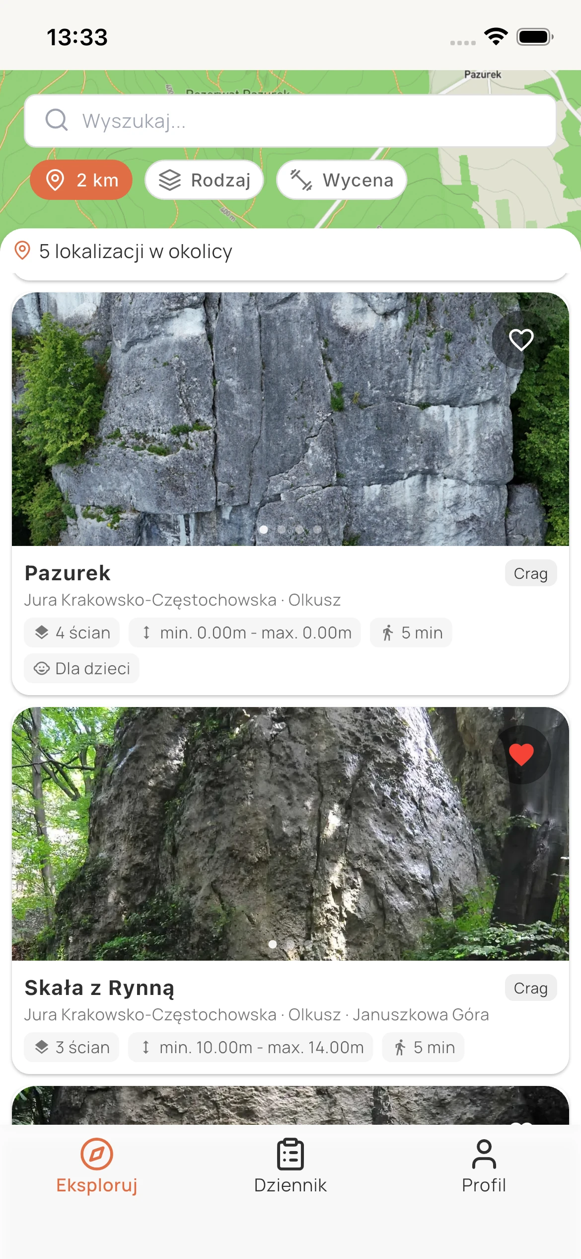 Cruxmate — browse crags in list view